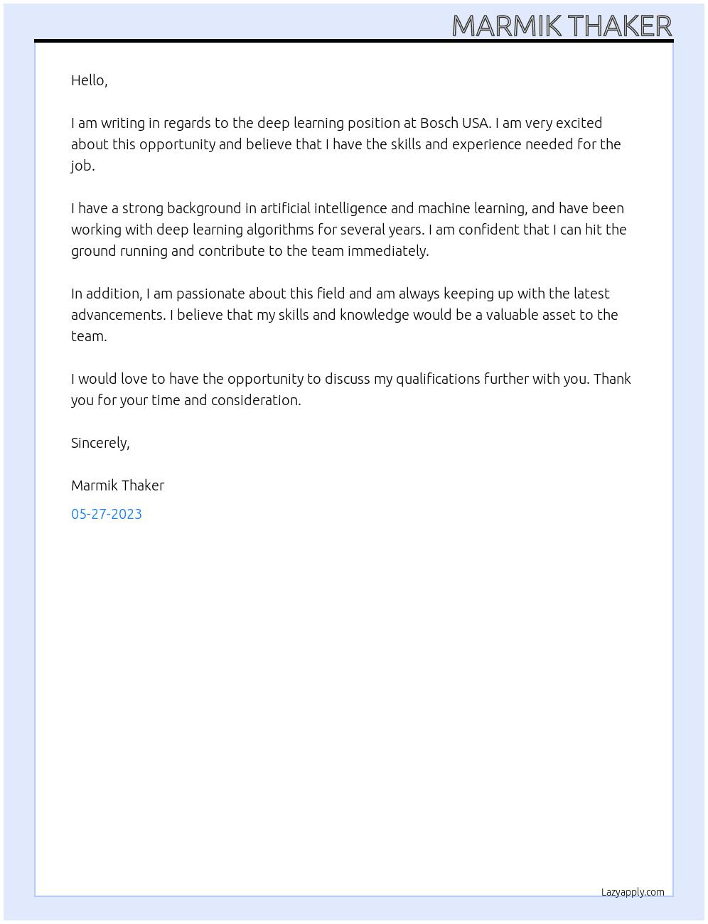 deep learning At bosch usa Cover Letter