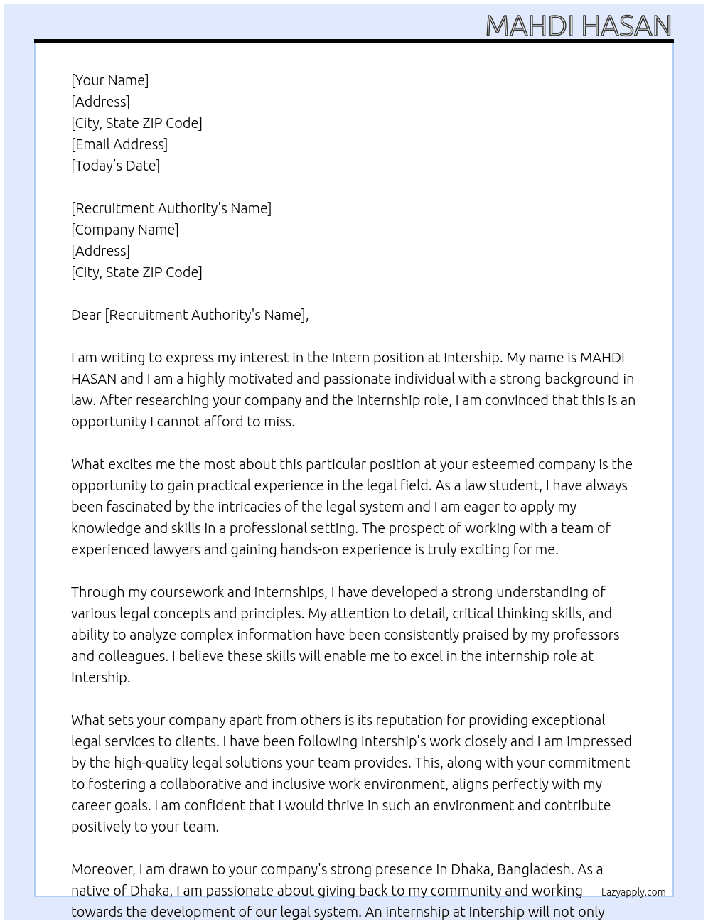 Intern At Intership Cover Letter
