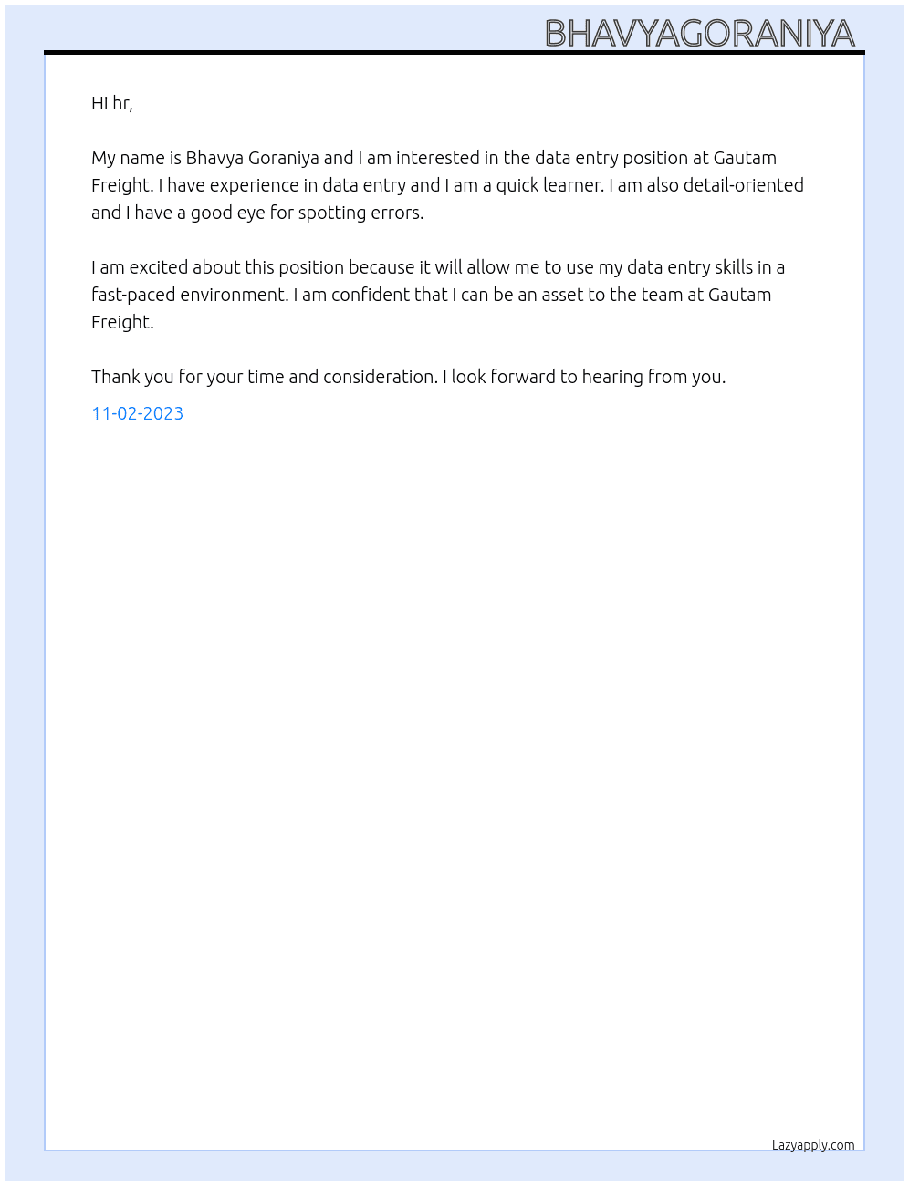 data entry At Gautam  freight  Cover Letter