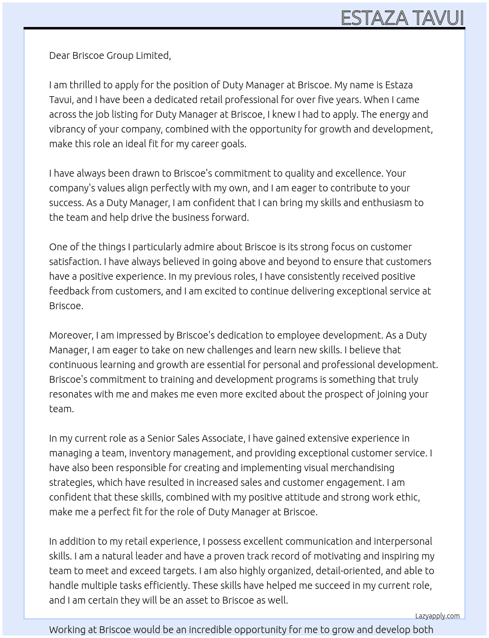 Duty Manager At Briscoe Cover Letter