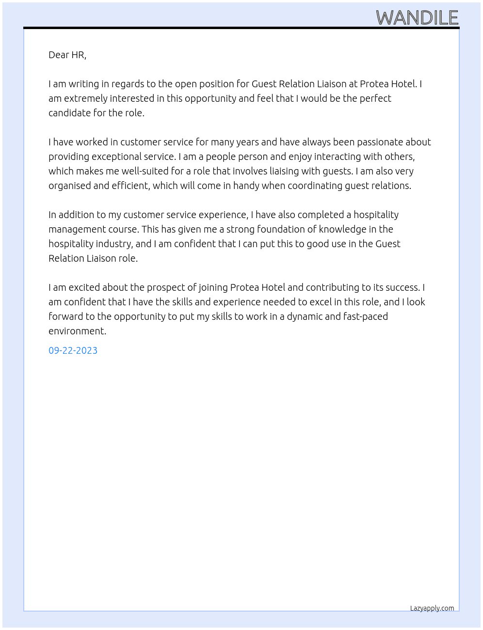 Guest Relation Liaison At Protea Hotel Cover Letter