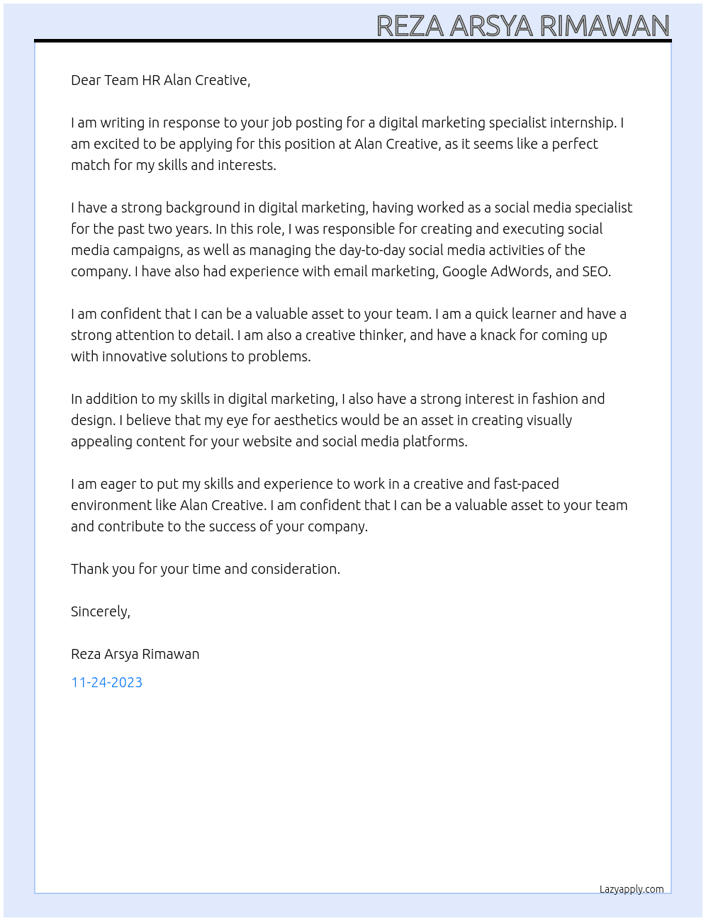 digital marketing specialist internship At Alan Creative Cover Letter