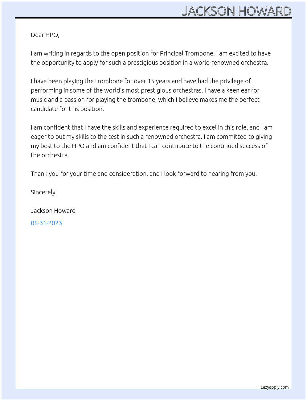 Principal Trombone At Helsinki Philharmonic Orchestra Cover Letter
