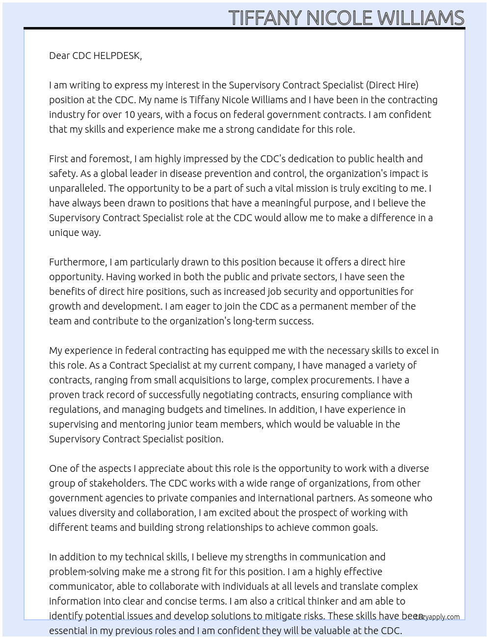 Supervisory Contract Specialist (Direct Hire) At CDC Cover Letter