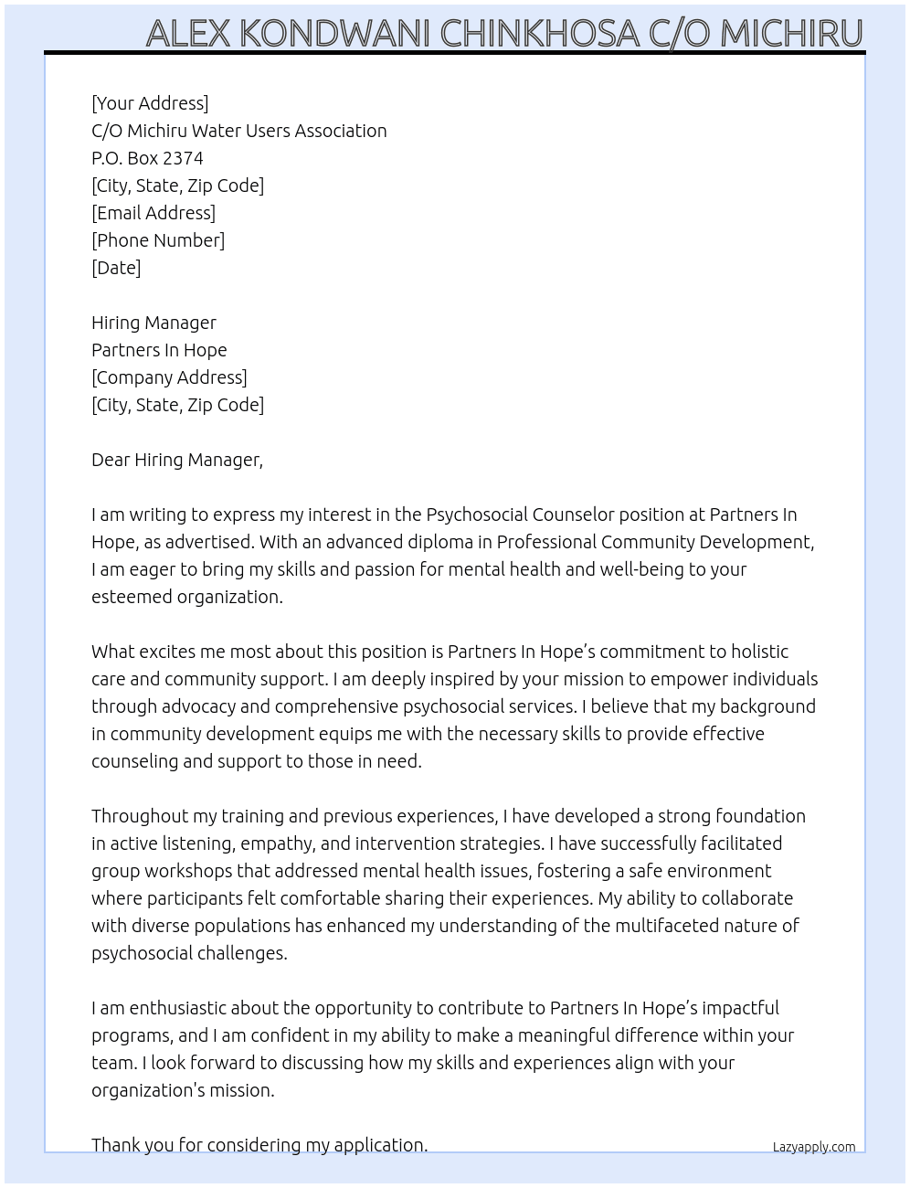 pyschosocial counselor At Partners In Hope Cover Letter