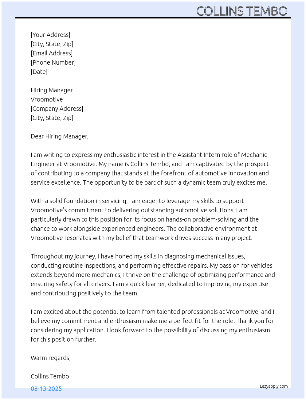 Mechanic Engineer  At Vroomotive Cover Letter