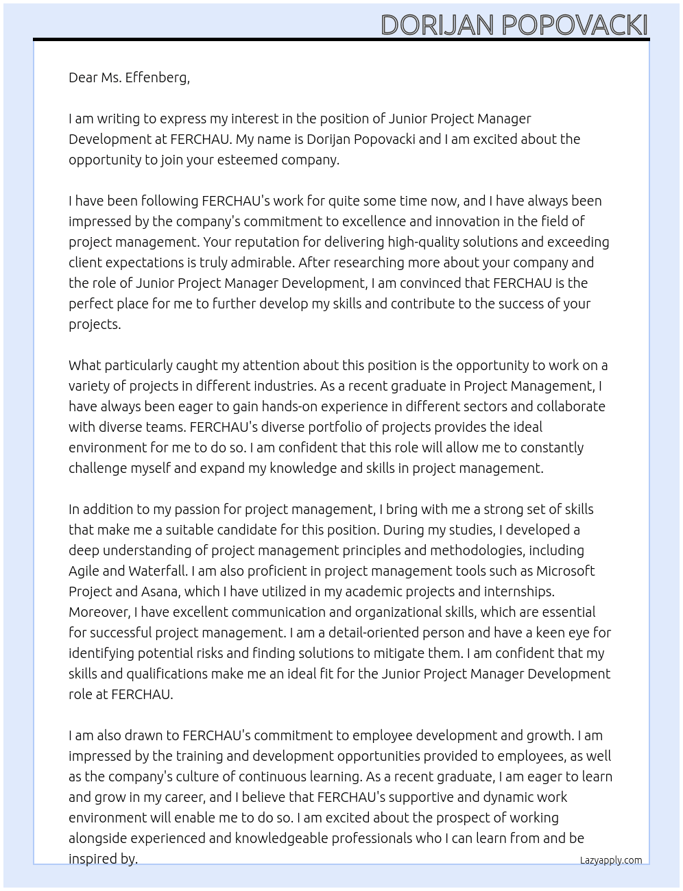 Cover letter for junior projectmanager development - LazyApply
