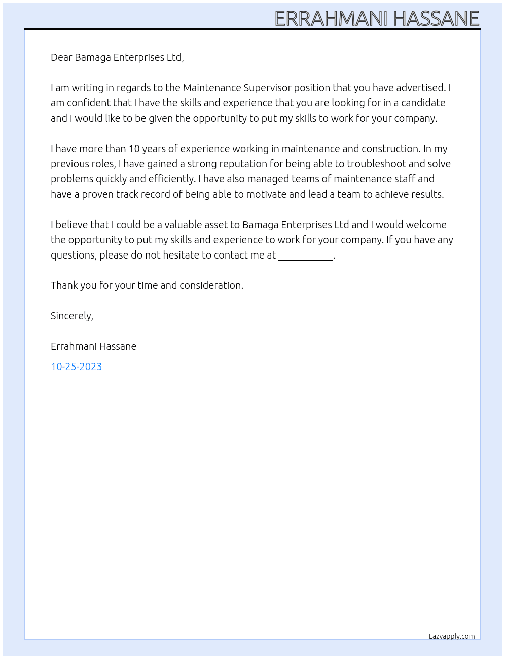 Maintenance Supervisor At Diyar Compréhensive Development  Cover Letter