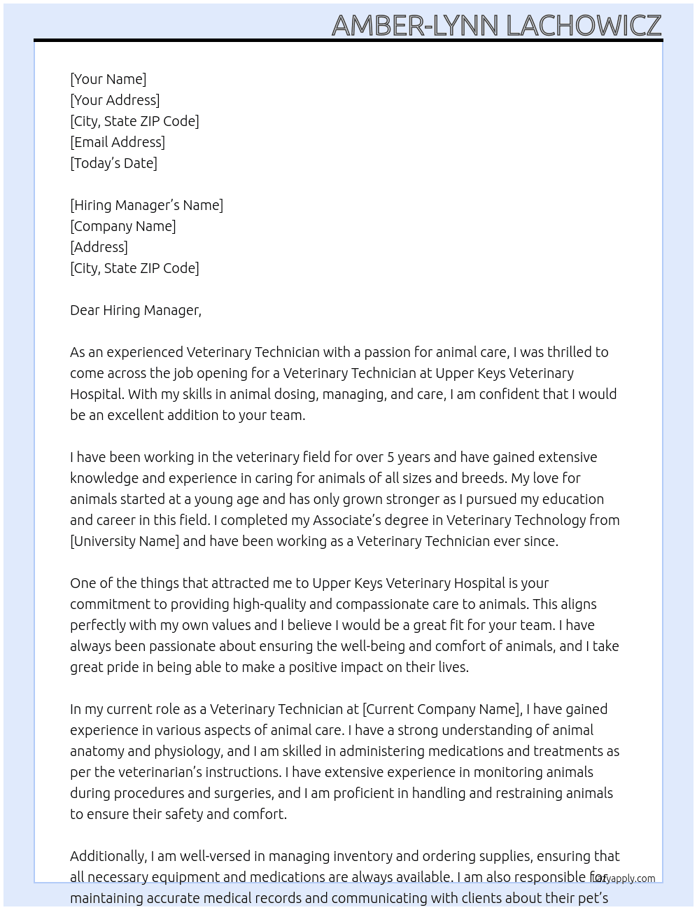 Veterinary Technician At Upper Keys Veterinary Hospital Cover Letter