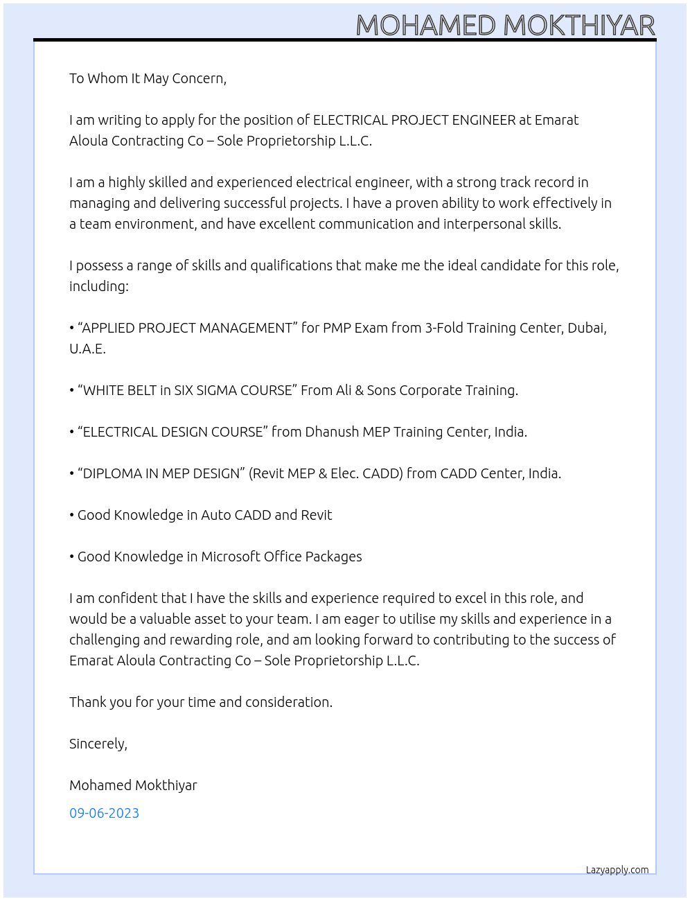 ELECTRICAL PROJECT ENGINEER At EMARAT ALOULA CONTRACTING CO – SOLE PROPRIETORSHIP L.L.C. Cover Letter