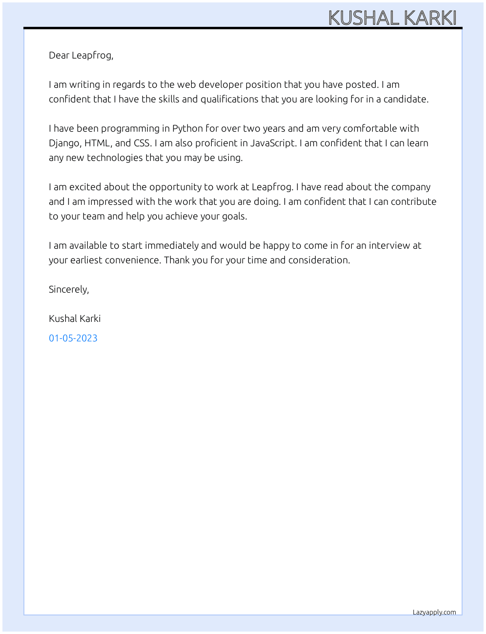 Web developer  At Leapfrog  Cover Letter