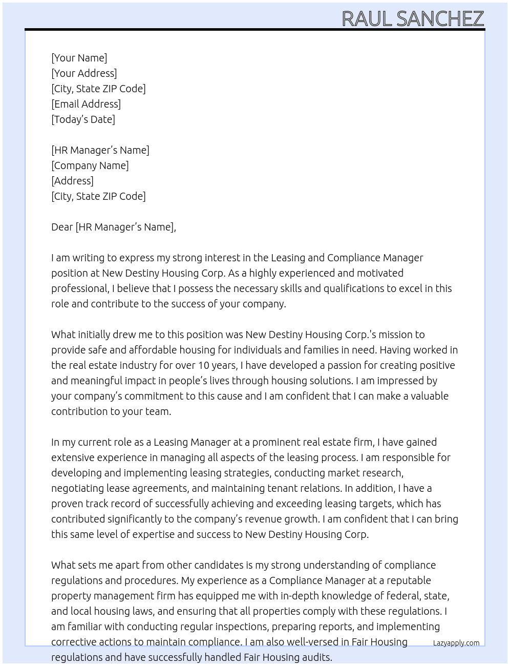 Cover letter for leasing and compliance manager - LazyApply