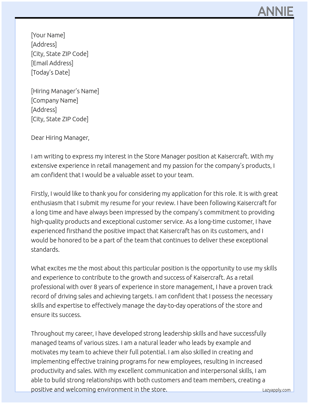 Store Manager At Kaisercraft Cover Letter
