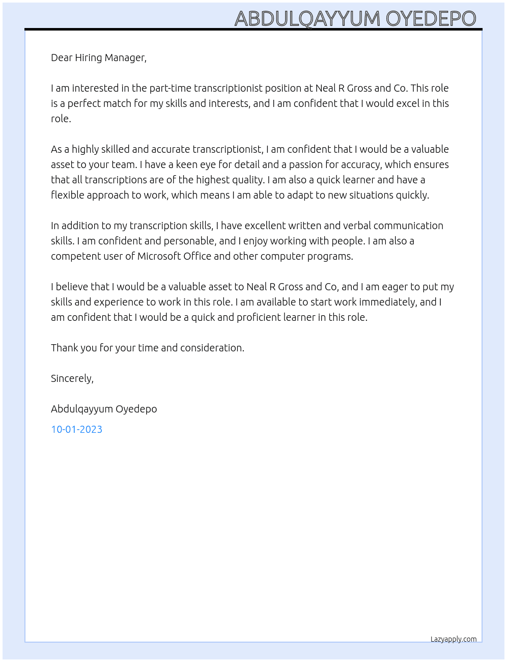 Transcriptionist  At Neal R Gross and Co Cover Letter
