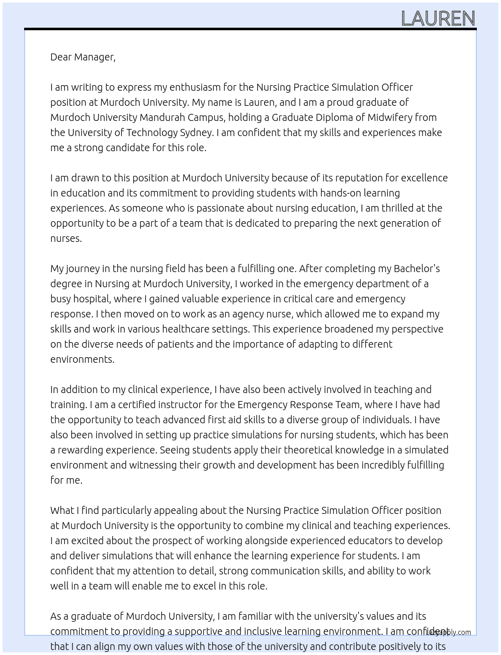 Nursing Practice Simulation Officer At Murdoch University Cover Letter