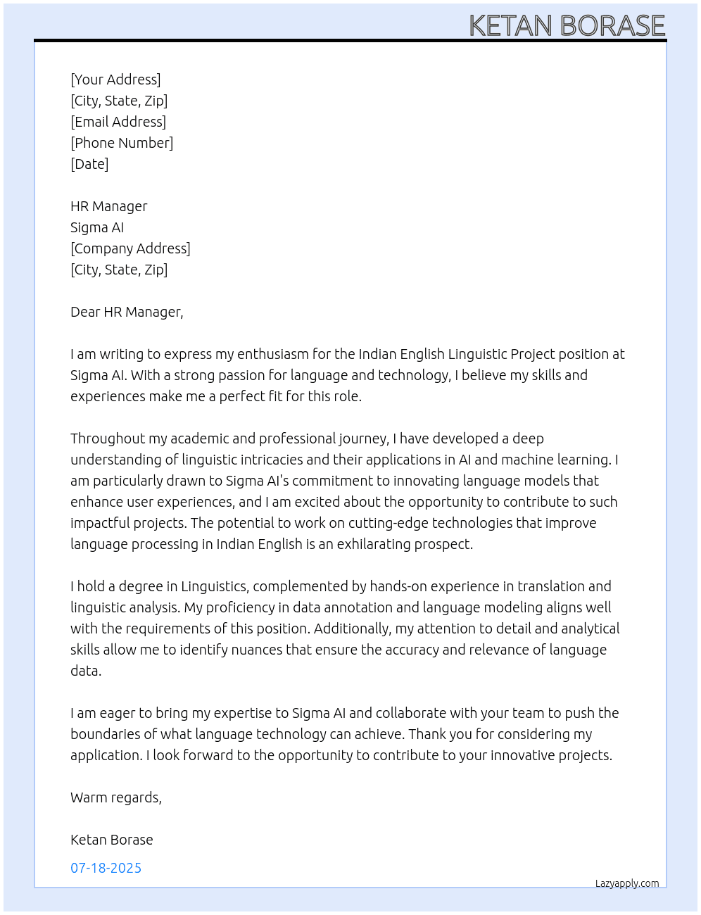 Indian english lingyuistic project At sigma ai Cover Letter