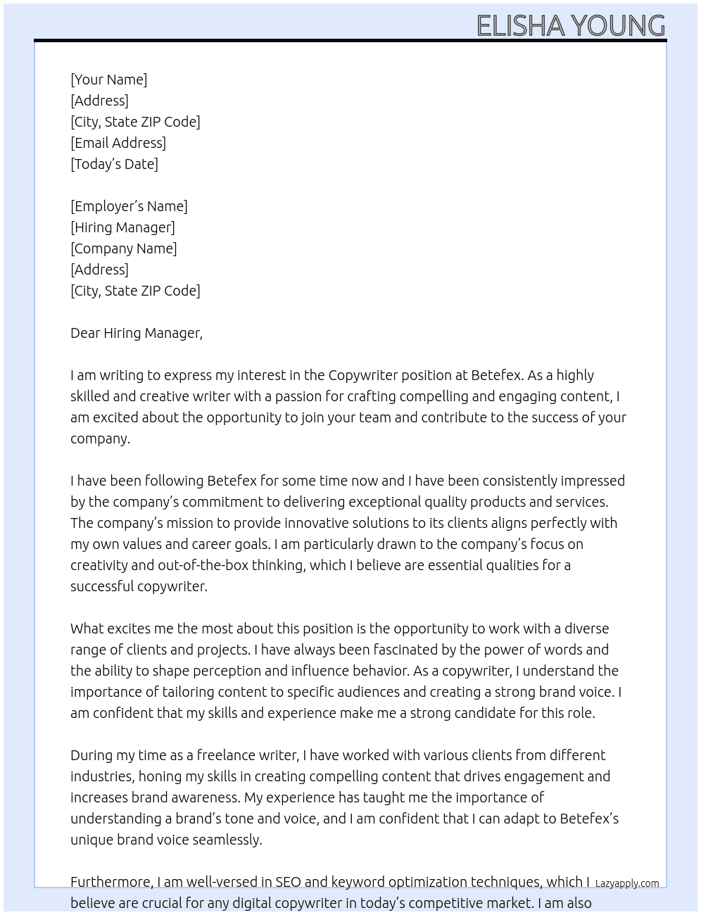 Copywriter  At Betefex Cover Letter
