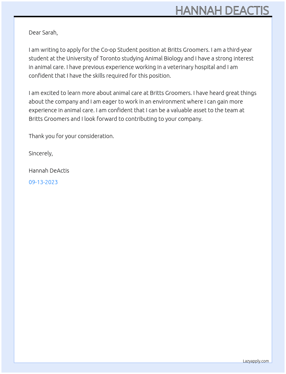 co op  student  At Britts Groomers  Cover Letter