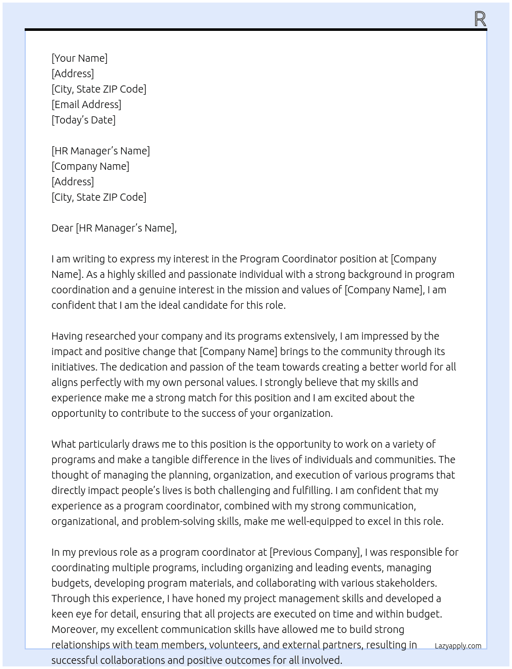 program condinator At tanf Cover Letter