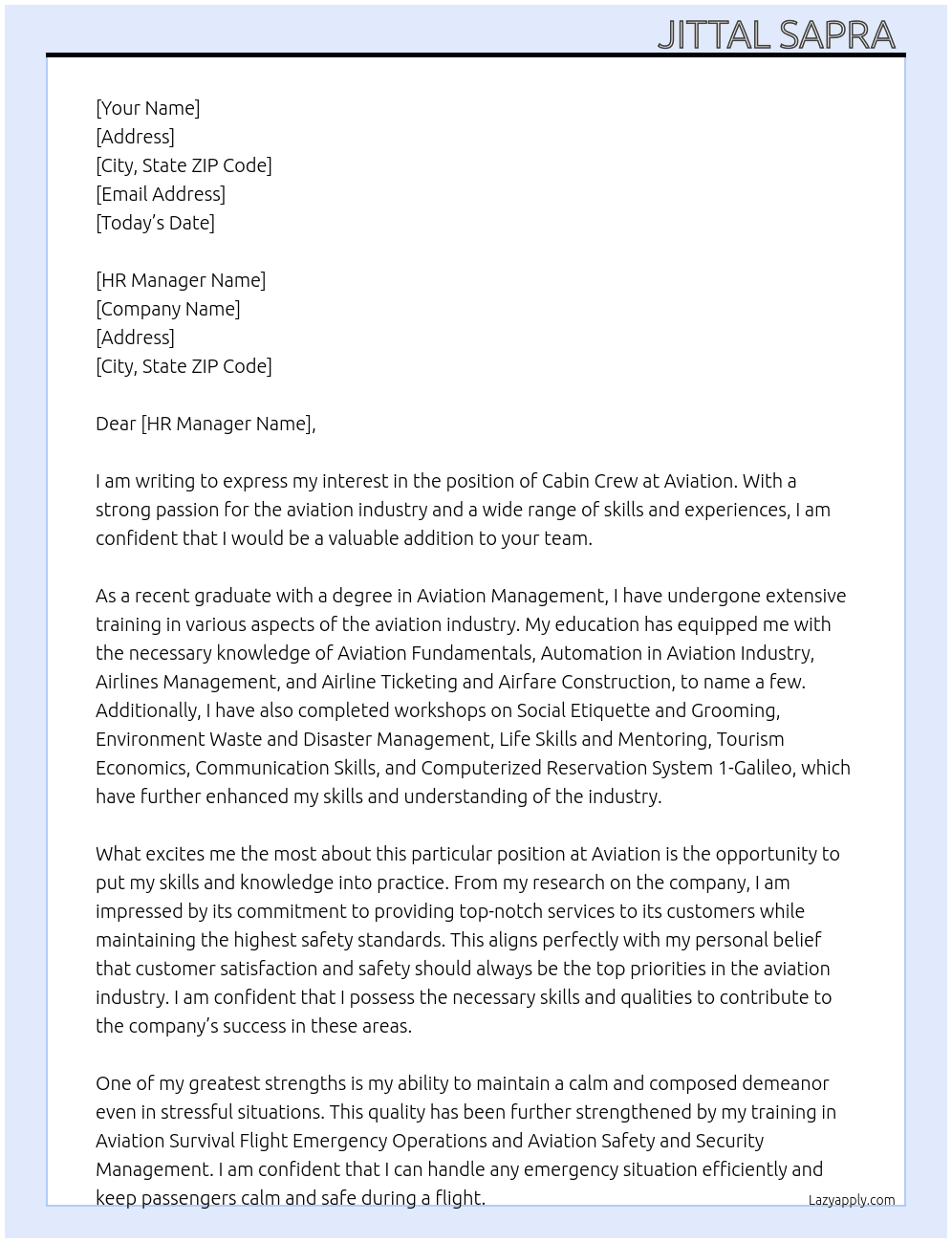 Cabin Crew for fresher At Aviation  Cover Letter