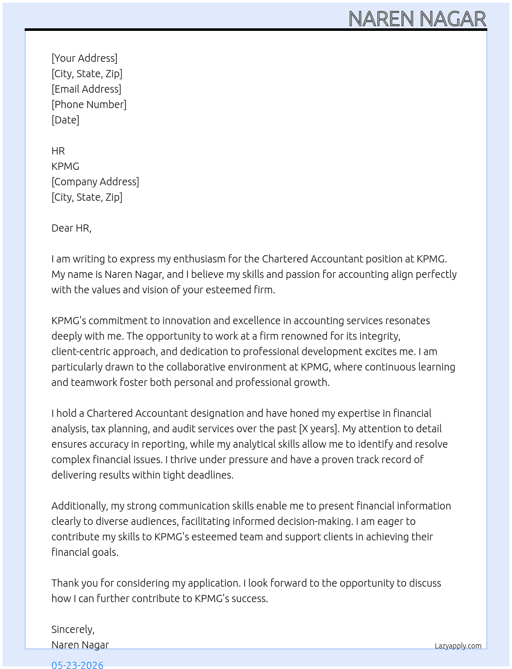 Chartered Accountant At KPMG Cover Letter