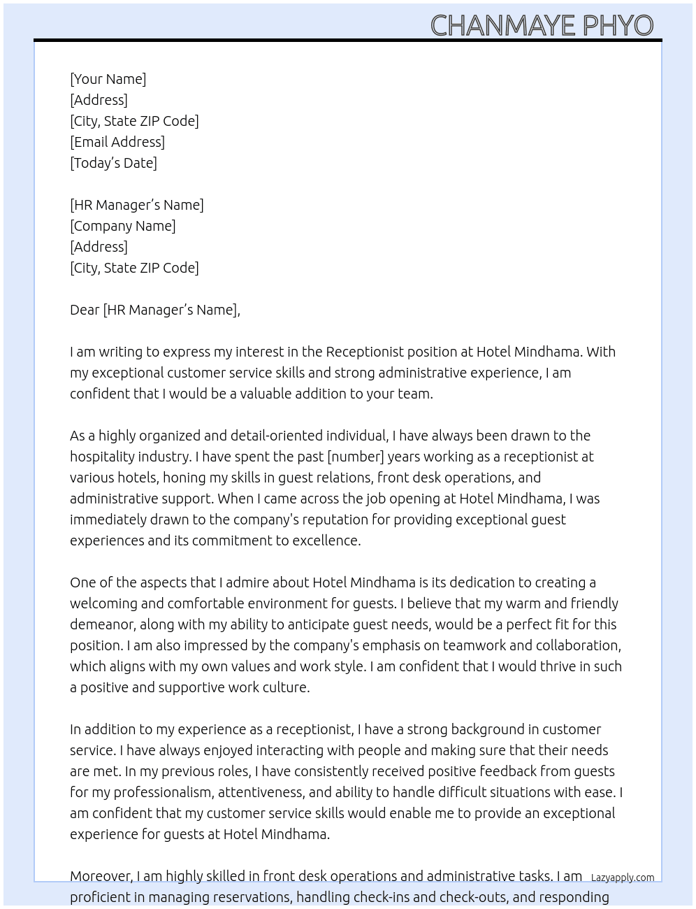 Receptionist  At Hotel Mindhama Cover Letter