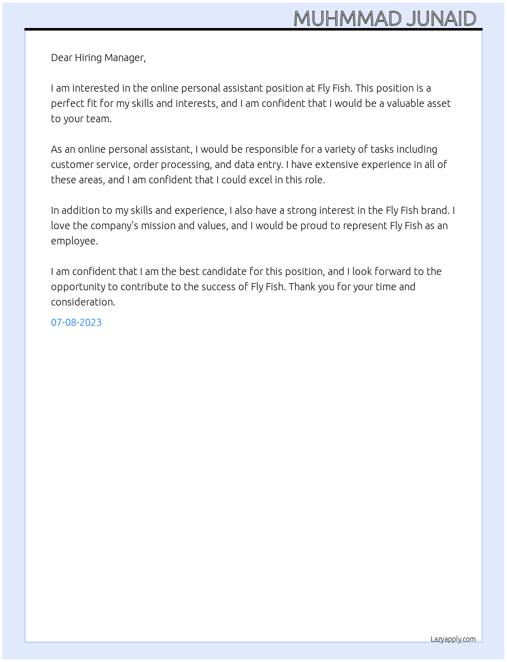 Online personal assistant At Fly Fish Cover Letter