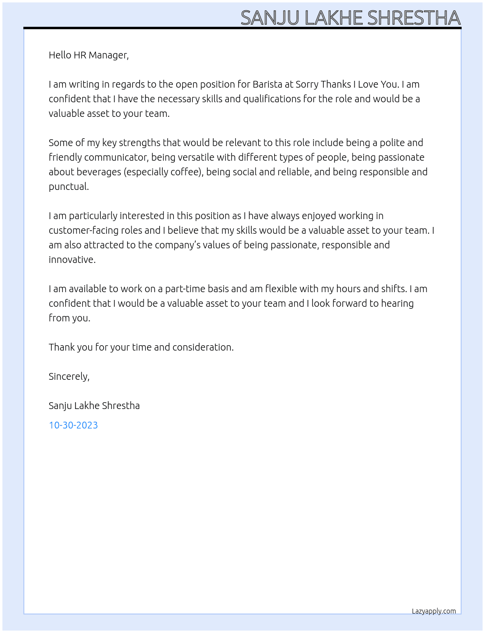 Barista  At Sorry Thanks I Love You Cover Letter