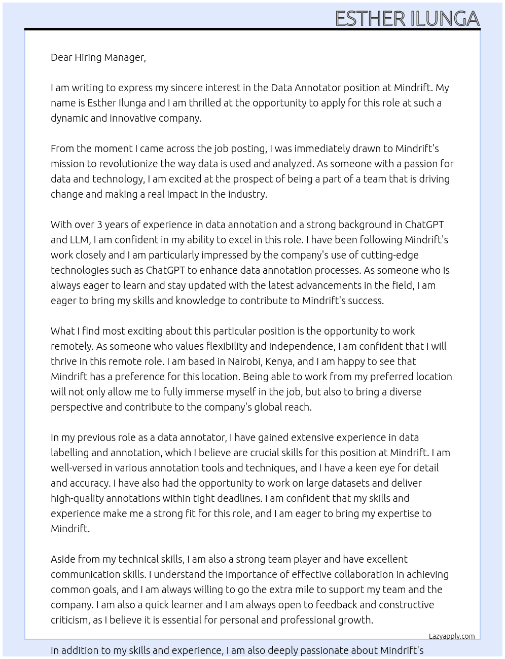 Data annotator  At Mindrift Cover Letter