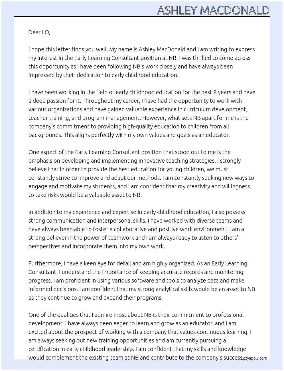 Early Learning Consultant At NB Cover Letter