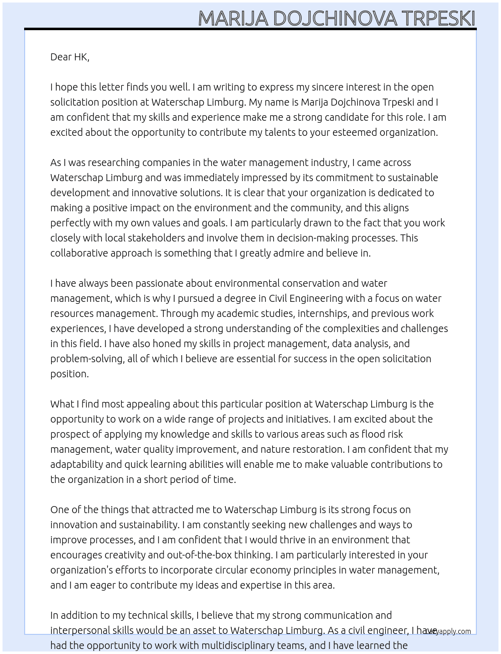 open solicitation At waterschap Limburg Cover Letter