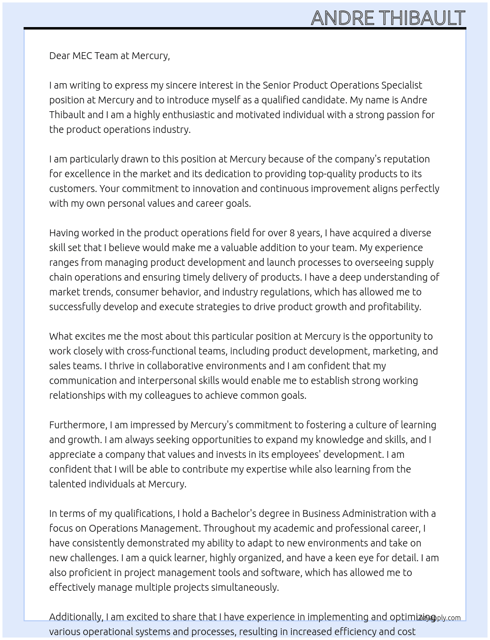 Senior Product Operations Specialist At Mercury Cover Letter