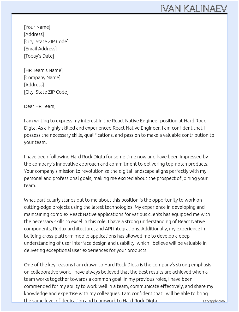 react native Engineer At Hard Rock Digta Cover Letter