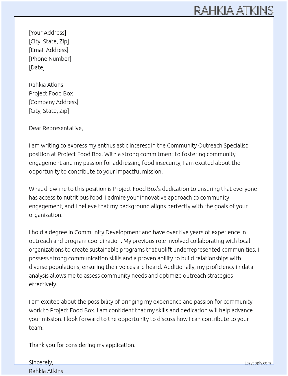 Community Outreach specialist At Project Food box Cover Letter