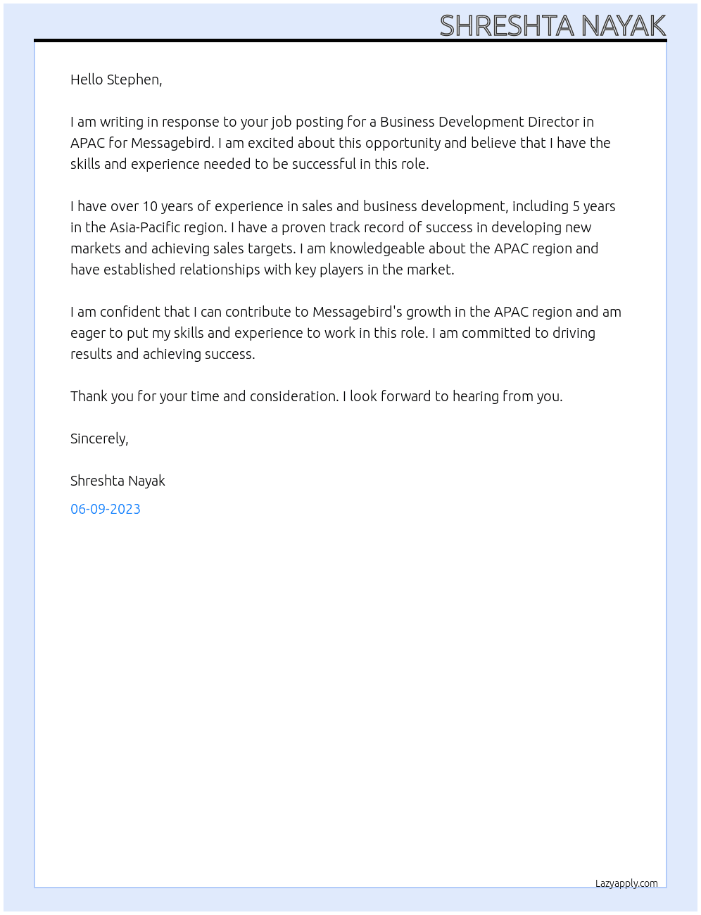 Business Development Director - APAC At Messagebird Cover Letter