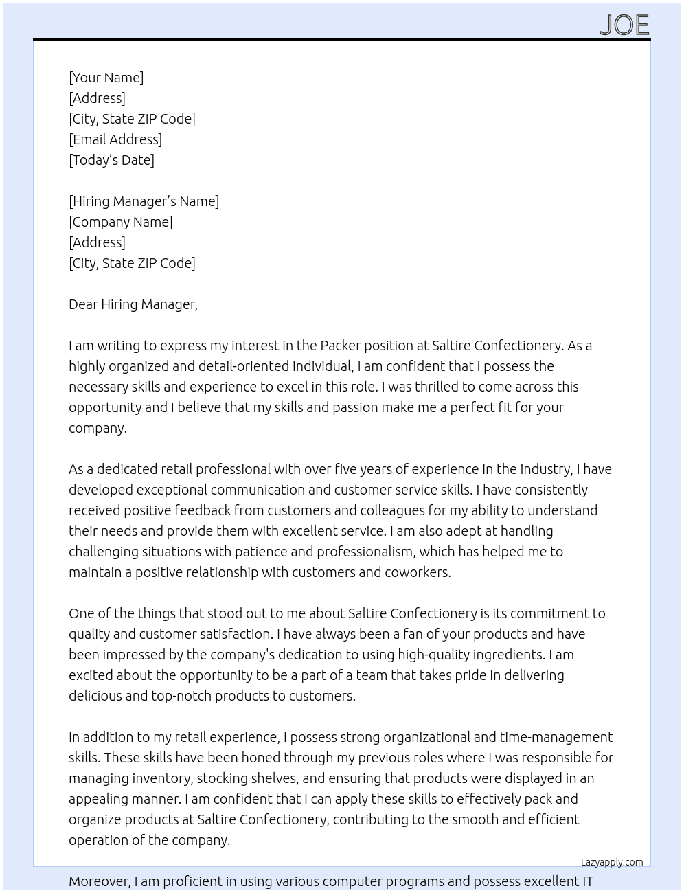 Packer At Saltire Confectionery  Cover Letter