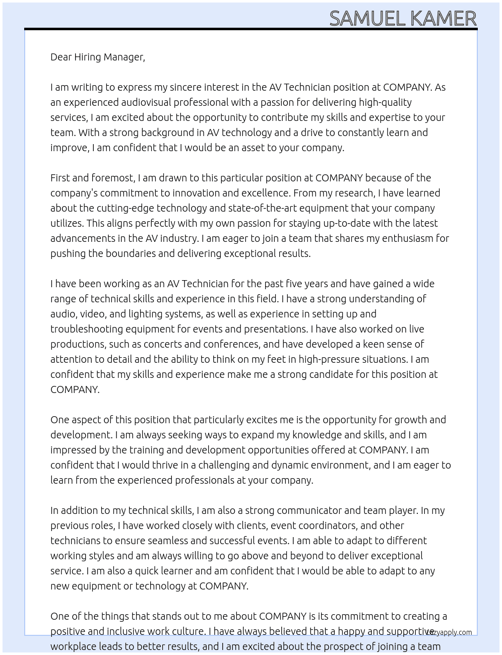AV Technician At COMPANY Cover Letter