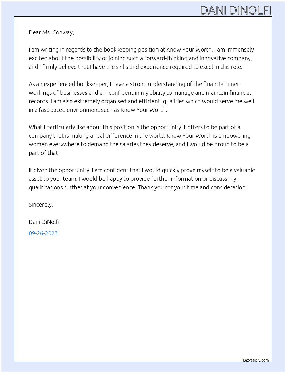 Book keeping At Know Your Worth Cover Letter