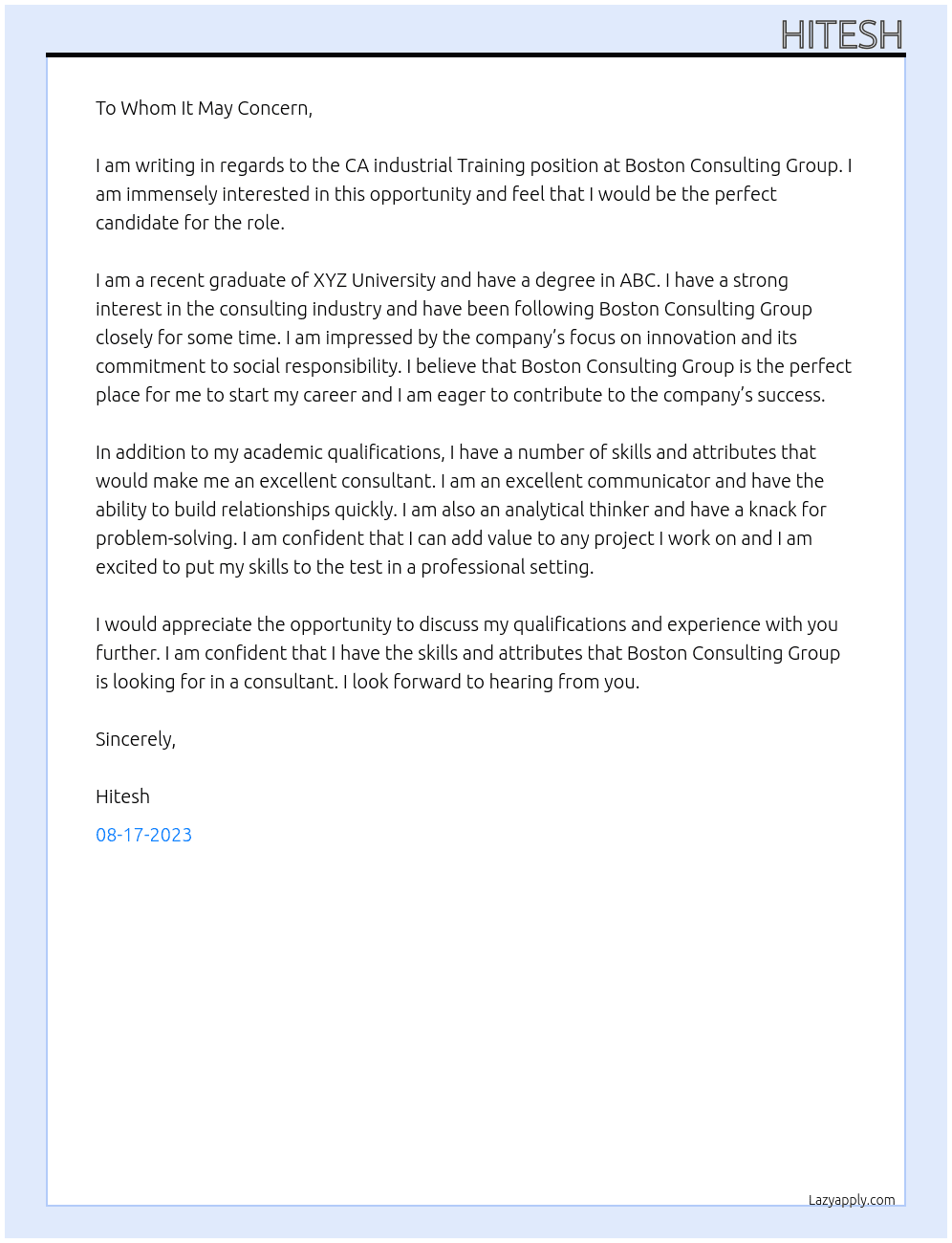 CA industrial Training At Boston Consulting Group Cover Letter