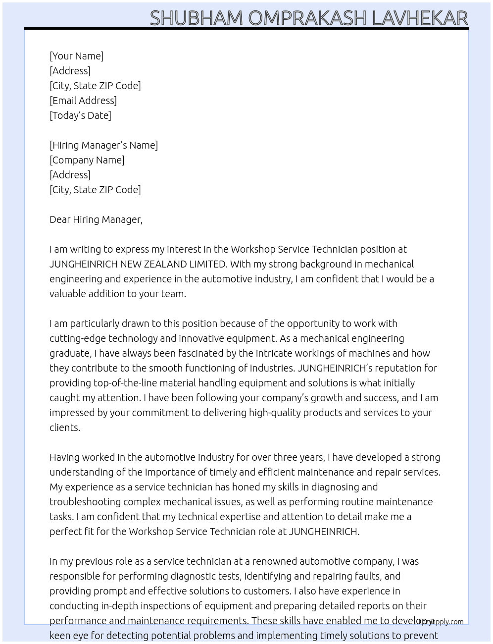 Workshop service technician  At JUNGHEINRICH NEW ZEALAND LIMITED Cover Letter