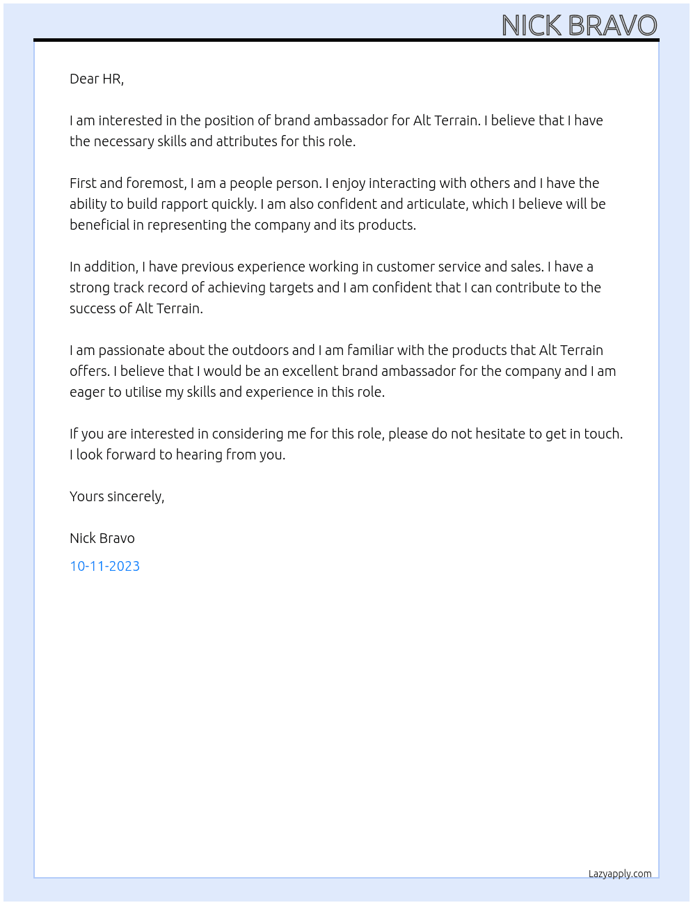 brand ambassador  At alt terrain Cover Letter