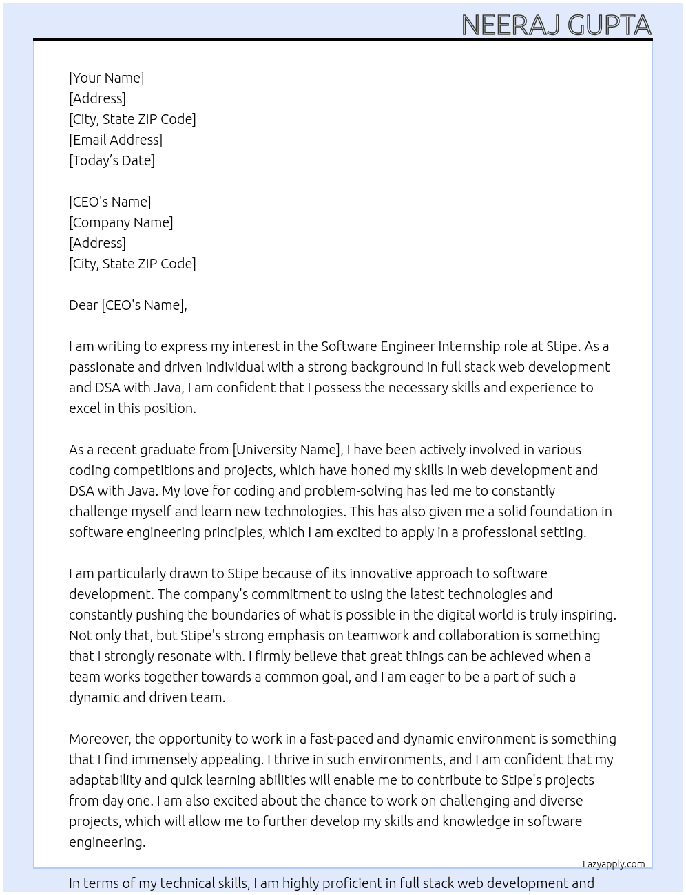 software engineer At Stipe Cover Letter