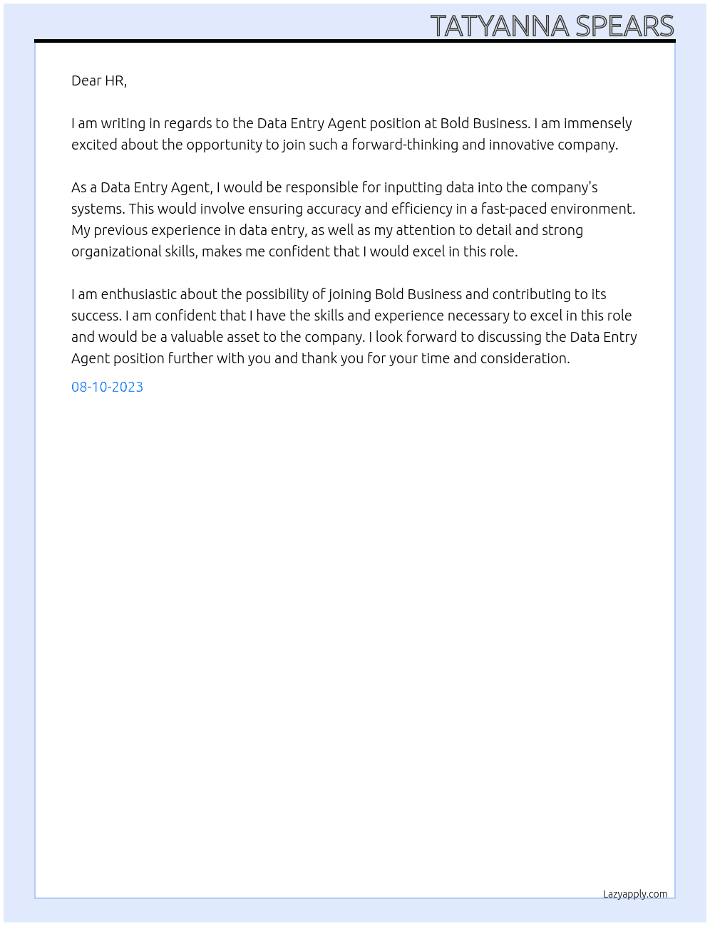 Data Entry agent At Bold Business Cover Letter