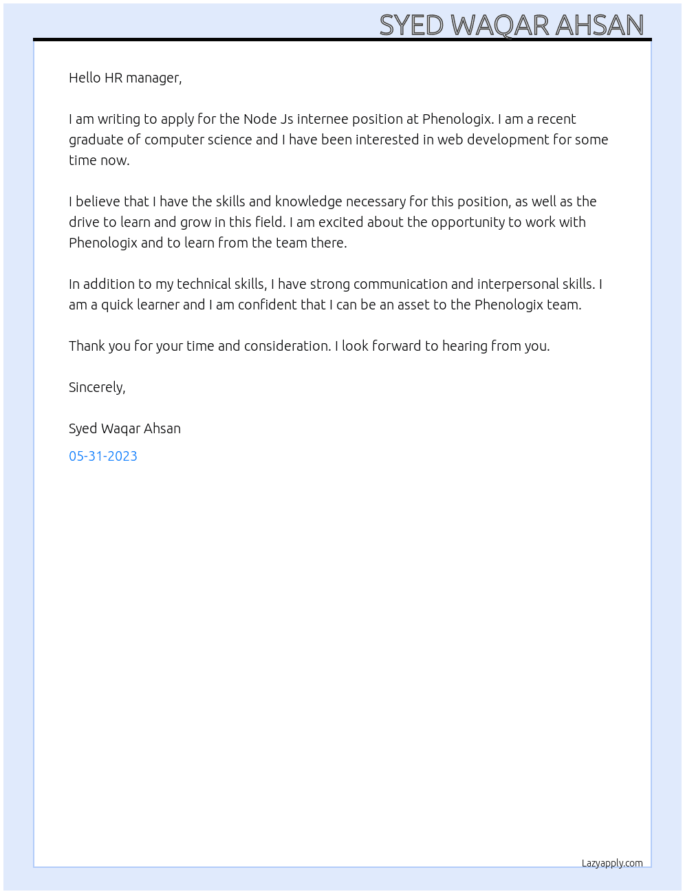 Node Js internee At Phenologix Cover Letter