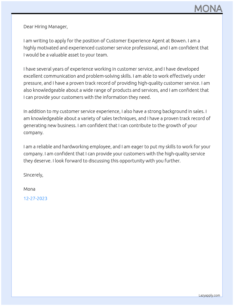 Customer Experience Agent  At Bowen Cover Letter