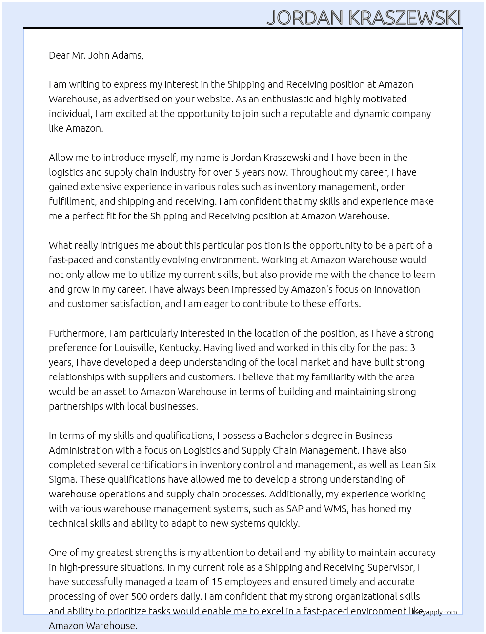 Shipping and receiving At Amazon warehouse Cover Letter