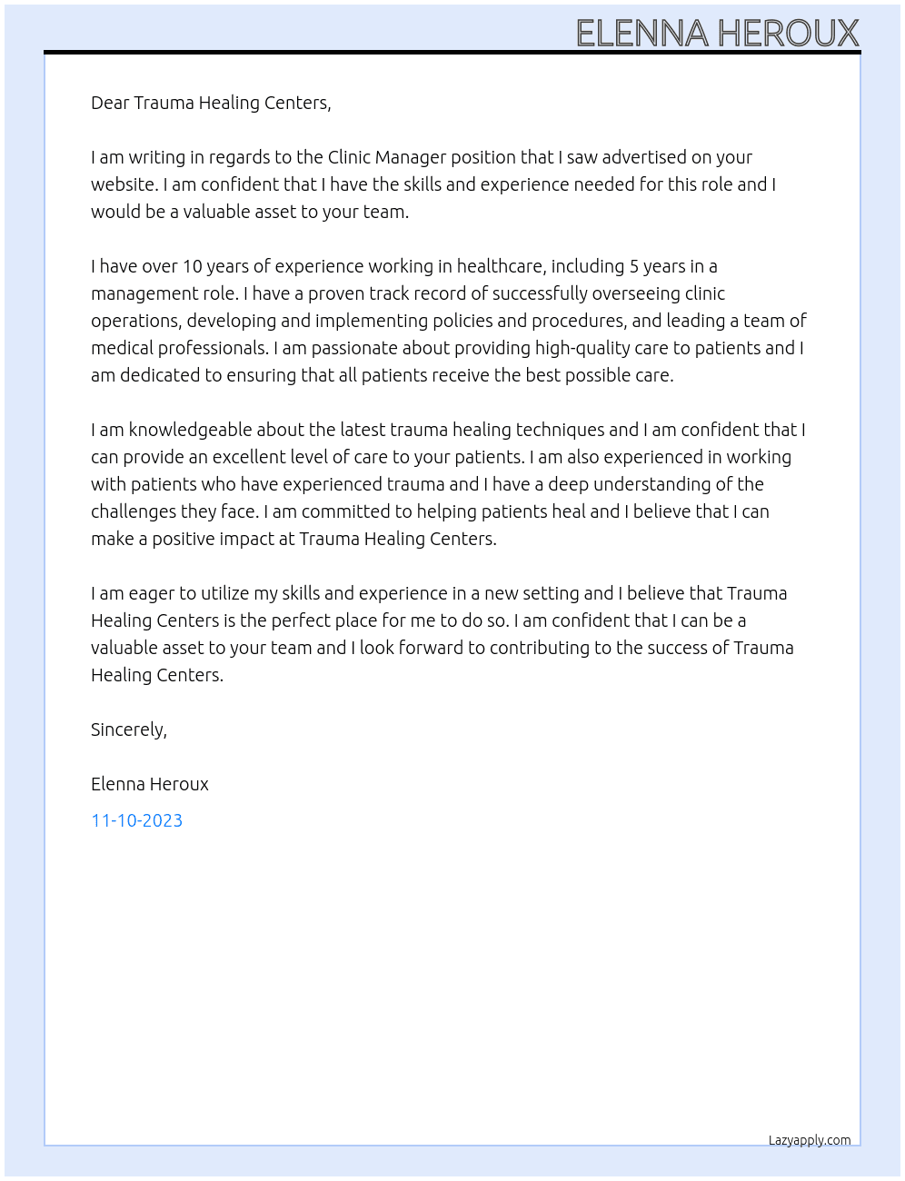 Clinic Manager At Trauma Healing Centers Cover Letter