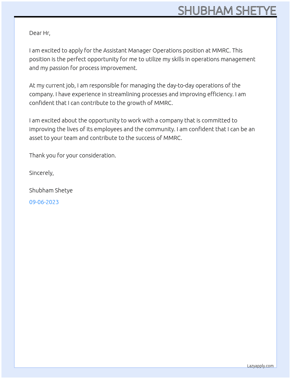 Assistant manager operations  At MMRC Cover Letter