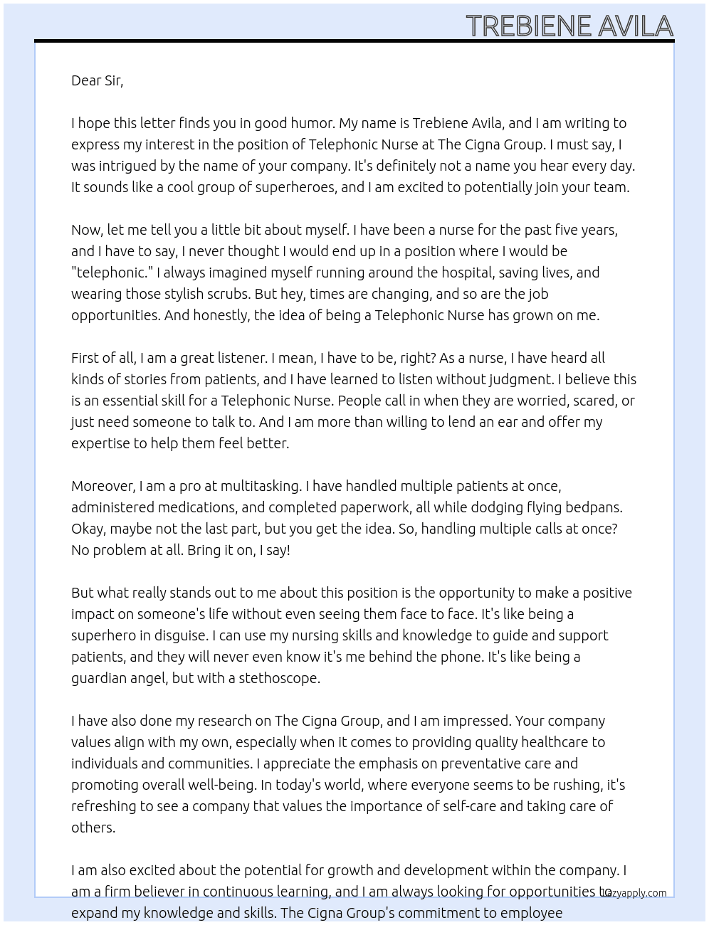 Telephonic Nurse At The Cigna Group Cover Letter