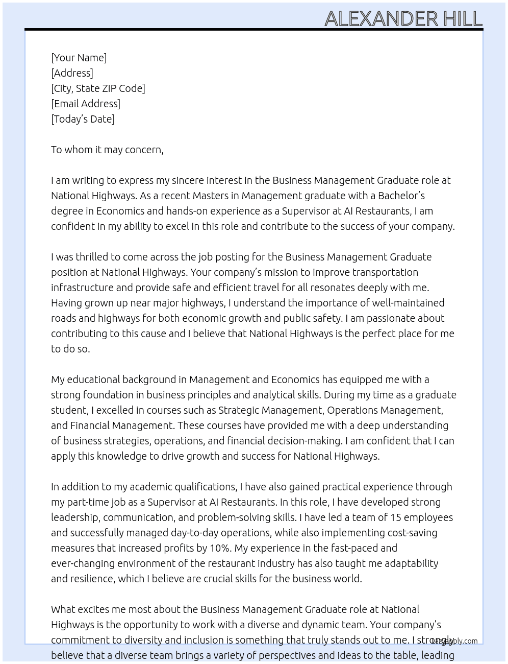 Business Management Graduate  At National Highways  Cover Letter